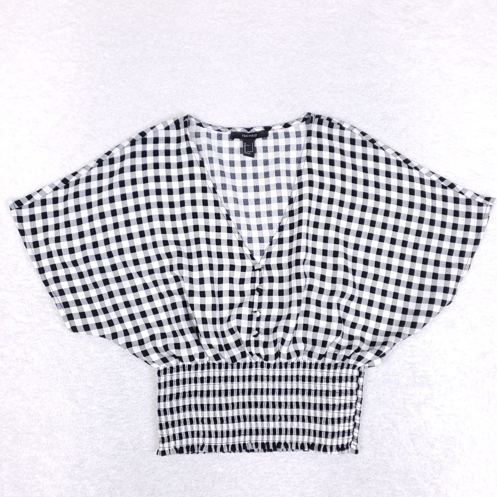 Forever 21 Gingham Blouse Womens Small Smocked Waist Dolman Sleeve Plaid Top